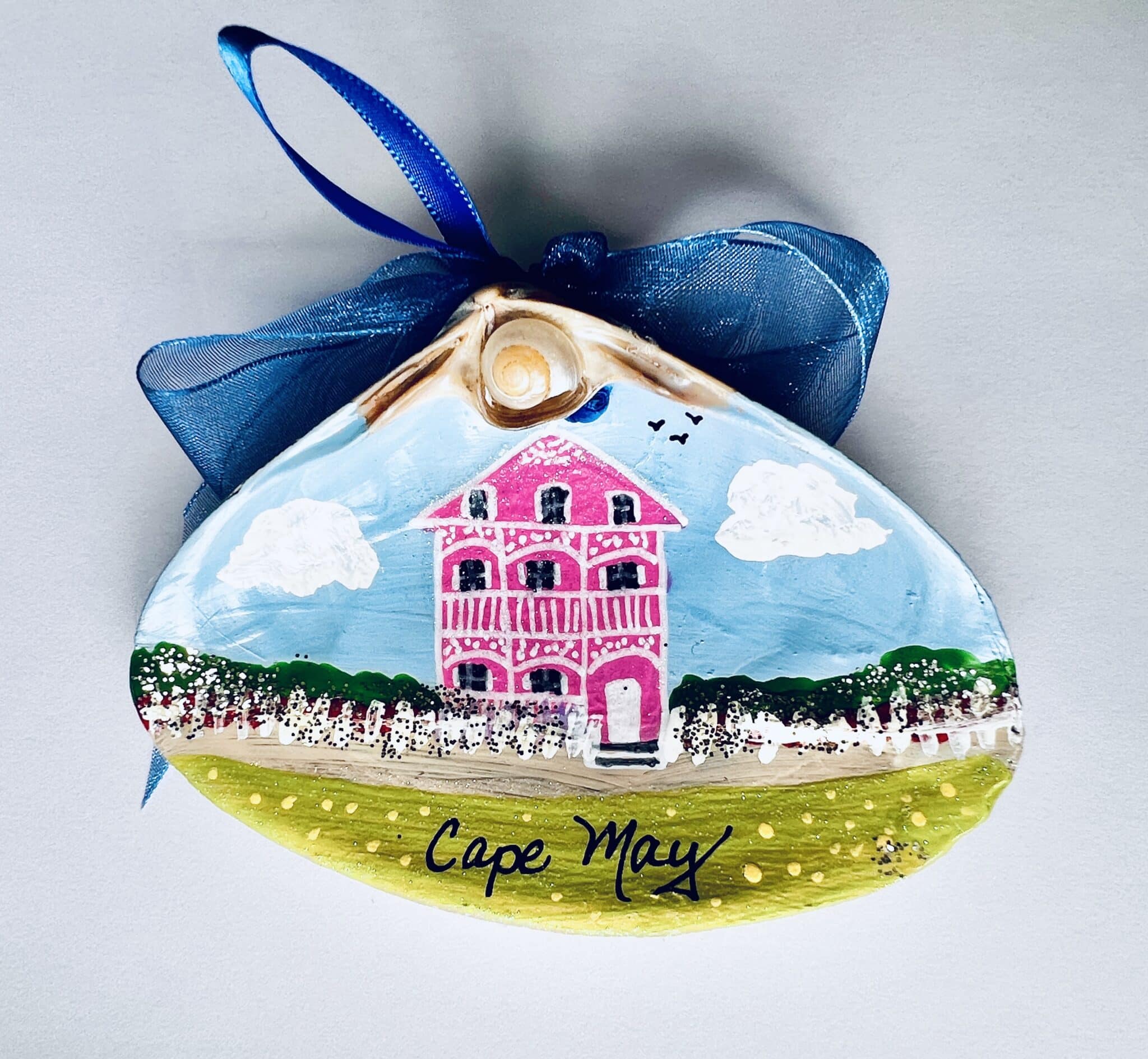 Victorian Pink House Hand Painted Sea shell Ornament